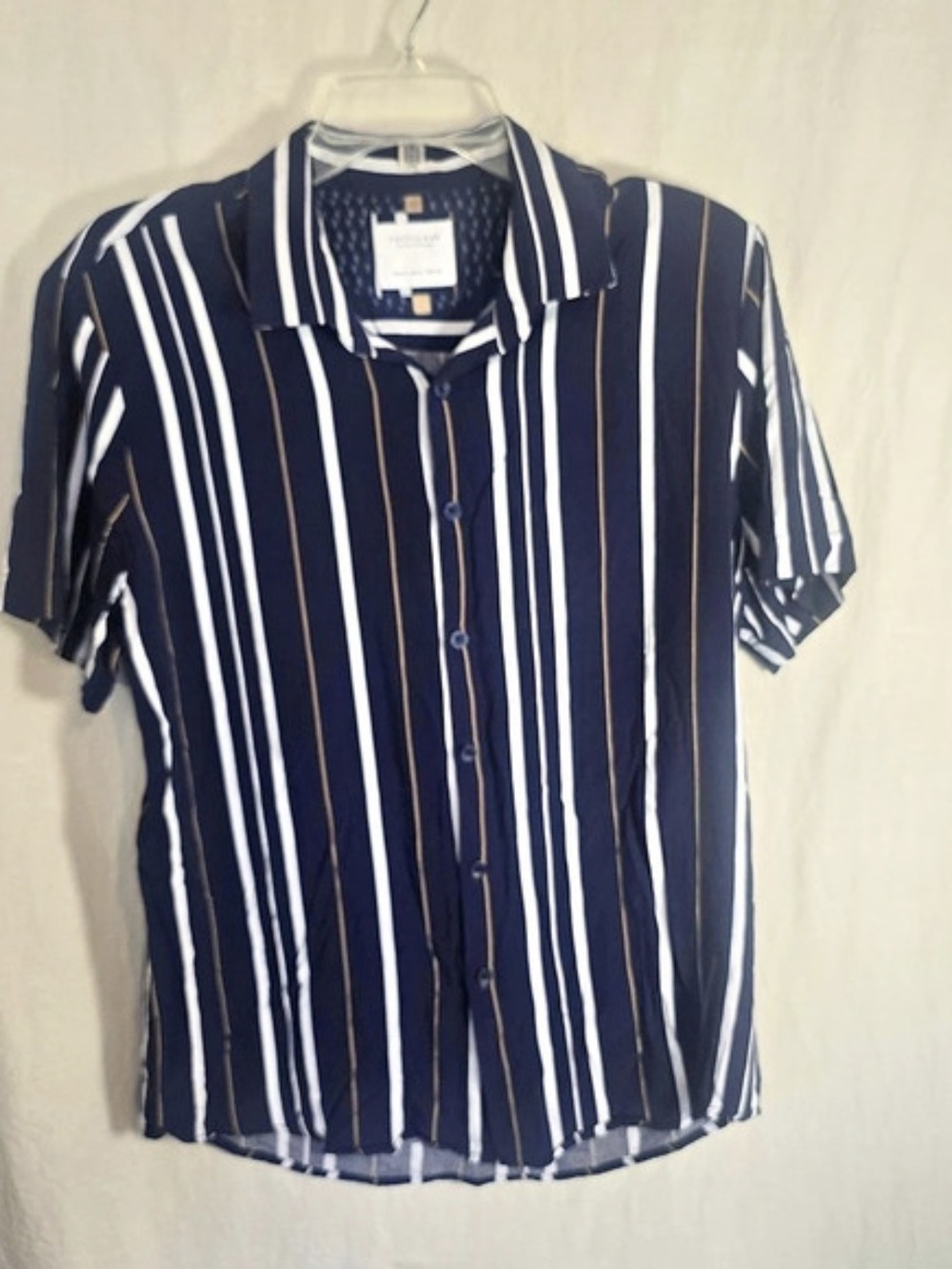 Cactus Man Mens Striped Button Up Shirt Navy White Tan Short Sleeve